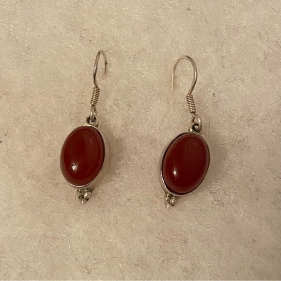 Jewelry - EARRINGS STERLING SILVER 925 CARNELIAN OVAL RED STONE FRENCH WIRES DROP PIERCED